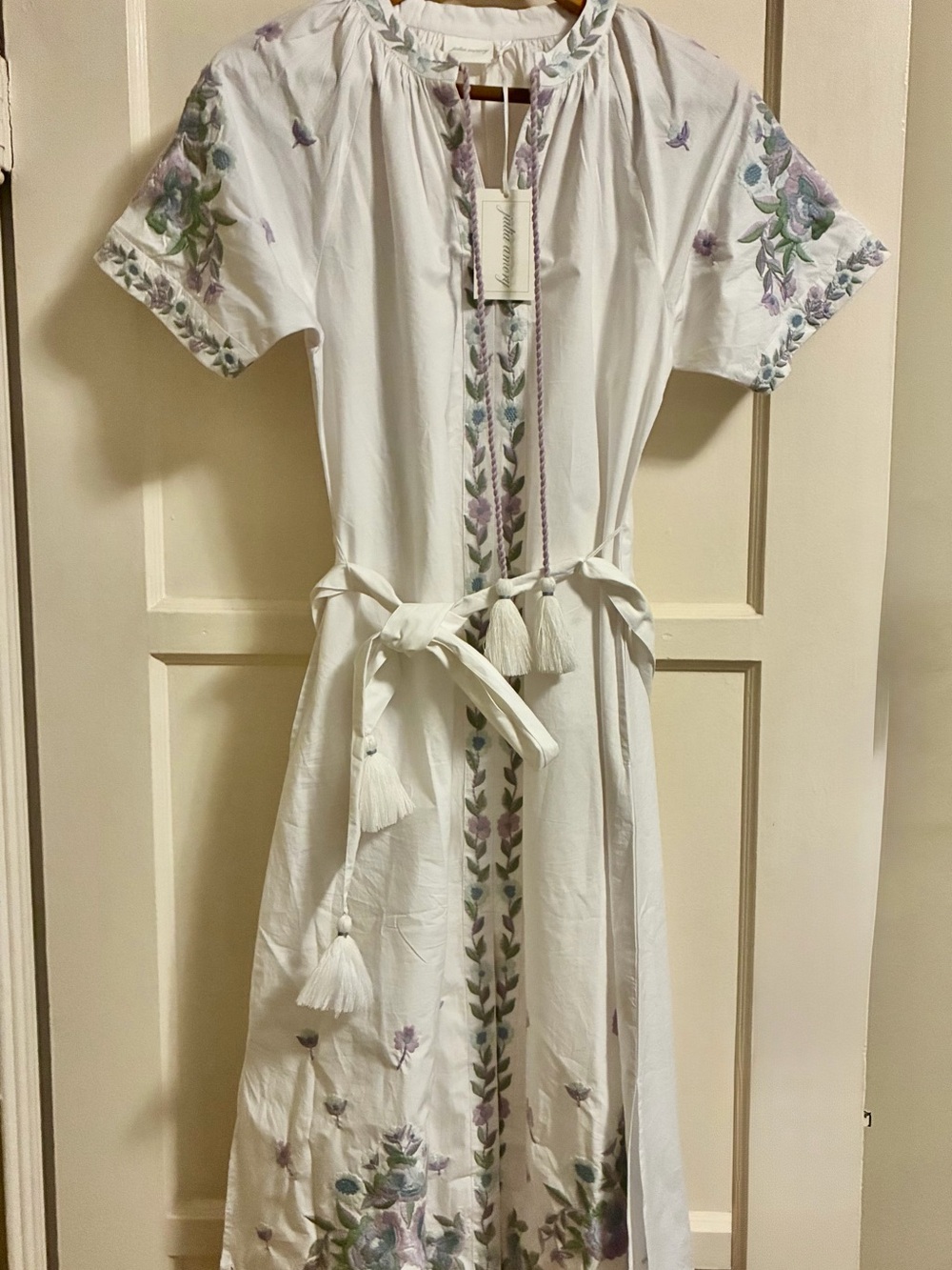 Julia Amory NWT White Embroidered Maxi Dress with Lavender & Sage Floral Trim